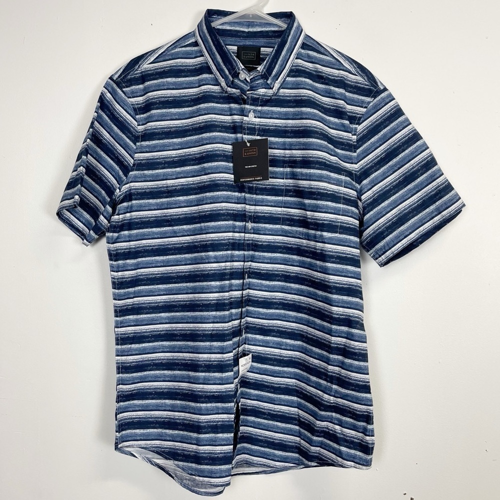 14th & Union Shirt Mens Large Blue White Stripe Short Sleeve Shirt Button Up NWT